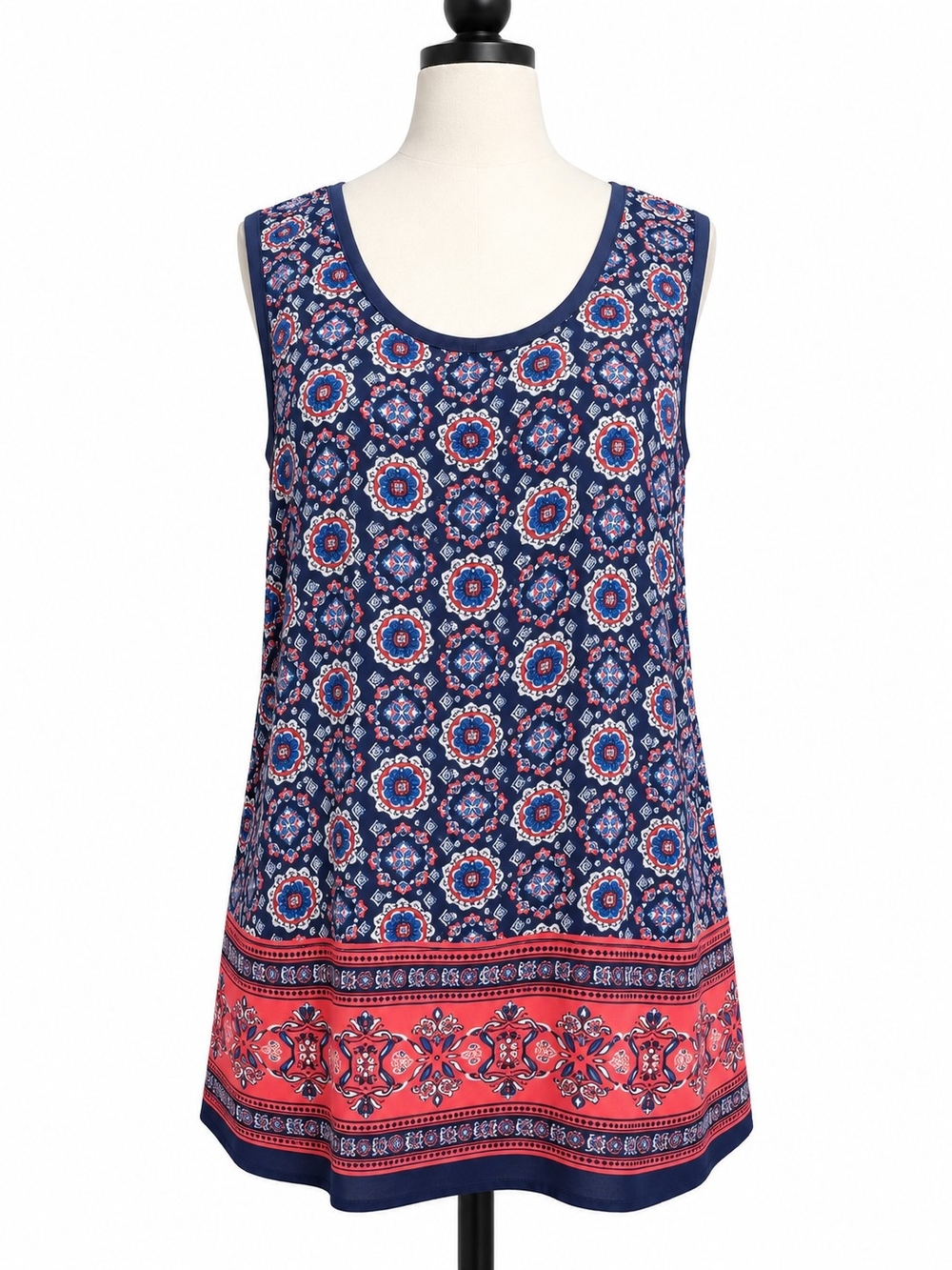 Women’s M Navy Red Medallion Border Print Sleeveless Tunic Top